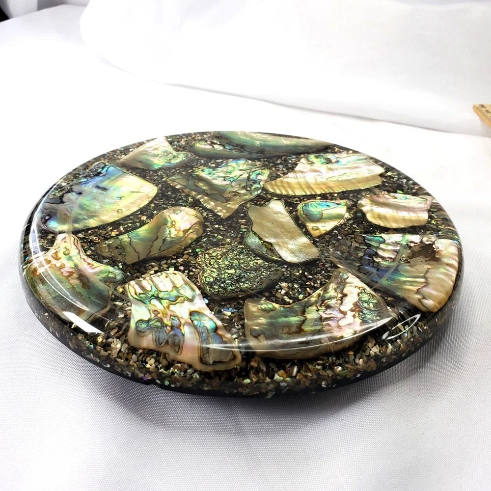 VTG Abalone Shell Round Trivet Black Base 8-Inch Handcrafted Betty's Shells
